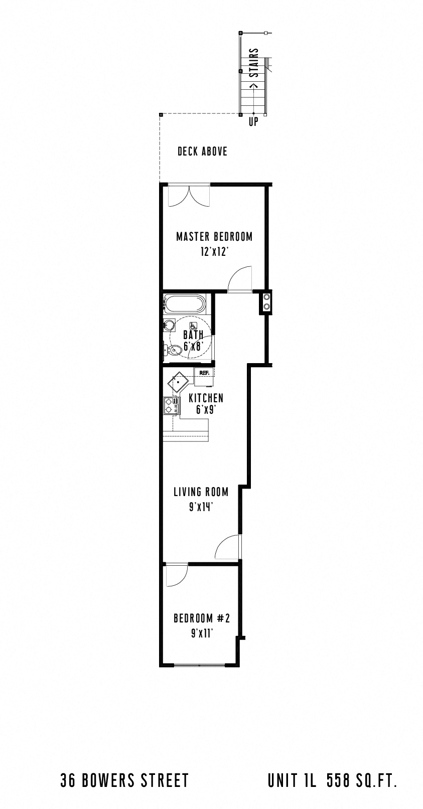 Floor plan for 2 beds, 1 bath, 558 sqft